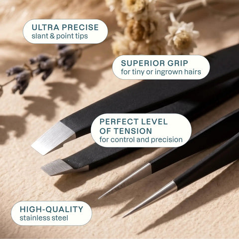 Eyebrow Tweezers Set With Slant And Point Tips For Precision Hair Removal Stainless Steel Easy Grip For Fine Or Ingrown Hairs