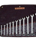 Full Polish 12 Point Combination Wrench Set Eleven Piece Three Eighths To One Inch Sizes Silver Finish in denim roll.