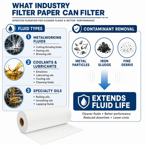 Industrial Coolant Filter Paper Roll 50cm by 100m 25 30 Micron Mixed Fiber showing fluid types and filtration benefits
