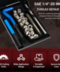 1/4-20 Helicoil Thread Repair Kit with HSS drill bit, thread inserts, and tools in open carry case
