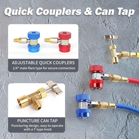 Quick couplers and can tap for 3 Way AC Manifold Gauge Set With Quick Couplers And 410 Adapter For R134A R410A R22 R404A