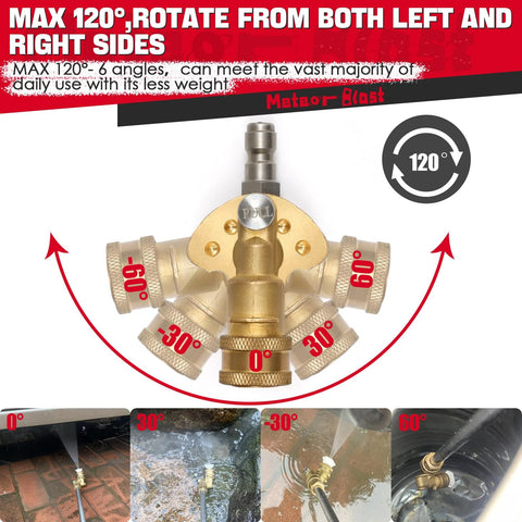 Brass Meteor Blast 5-angle pivoting pressure washer nozzle coupler, 120°, 1/4 quick-connect, up to 5000 PSI