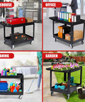 Heavy Duty Rolling Utility Cart Two Tier Service Cart With Wheels Ergonomic Handle 550 Lbs Capacity Plastic Tool Cart For Warehouse Garage Workshop And Kitchen Durable HDPE Trolley 40.5x17.7 Inches in warehouse use
