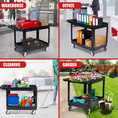 Heavy Duty Rolling Utility Cart Two Tier Service Cart With Wheels Ergonomic Handle 550 Lbs Capacity Plastic Tool Cart For Warehouse Garage Workshop And Kitchen Durable HDPE Trolley 40.5x17.7 Inches in warehouse use