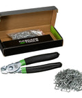 Hog Ring Pliers Kit with 1000 pack of three quarter inch galvanized steel hog rings for cages, automotive upholstery, furniture.