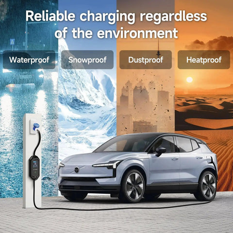 Heavy Duty Type Two Electric Vehicle Charging Cable Six Meters Long With Adjustable Amperage Up To Thirty Two Amps charging in diverse weather.