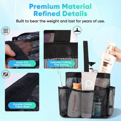 Close-up of Mesh Shower Caddy Portable For Dorms And Travel With 9 Pocket Large Capacity, highlighting quick-dry mesh and oxford base.
