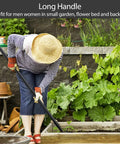 Gardener using Stirrup Hoe And Cultivator Garden Tool Heavy Duty With 4 Tine Weeder And Long Adjustable Handle From 32 To 62 Inches