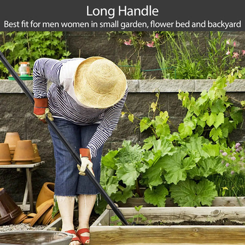 Gardener using Stirrup Hoe And Cultivator Garden Tool Heavy Duty With 4 Tine Weeder And Long Adjustable Handle From 32 To 62 Inches