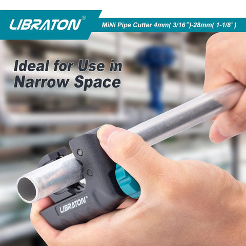 Close-up of Libraton mini tube cutter clamping a metal pipe; black body with teal knob