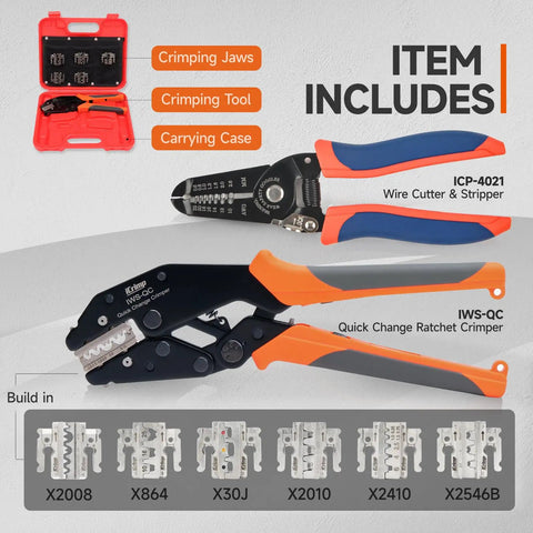 Ratcheting Crimp Tool Set With Wire Stripper And Quick Change Jaws For Open Barrel Terminals Insulated And Non-Insulated Terminals Solar Terminals End Sleeves And Ferrules 8 Piece All In One Kit For Electricians And DIYers
