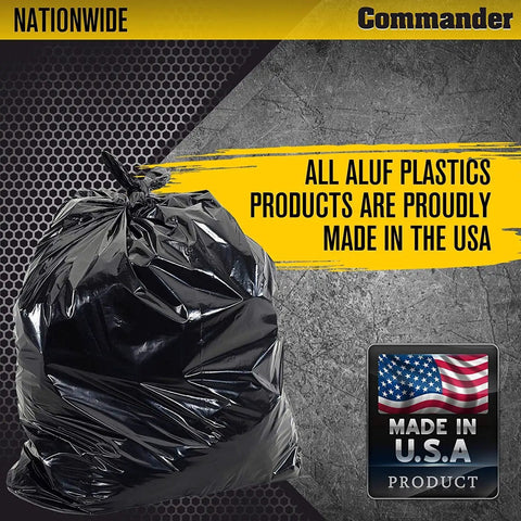 Rock Solid 42 Gallon Heavy Duty Trash Bags Built To Take A Beating 2 Point 5 Mil Thick 32 X 46 Inch Black Contractor Grade Junk Hauling And Commercial Waste Sacks Pack Of Twenty in a sturdy black bag.