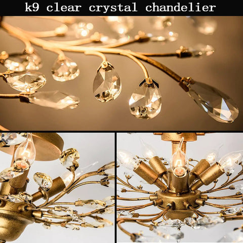 Crystal Chandeliers With Vintage K9 Clear Crystals, Edison Pendant Light, Flush Mount Fixture, detailed view of gold finish