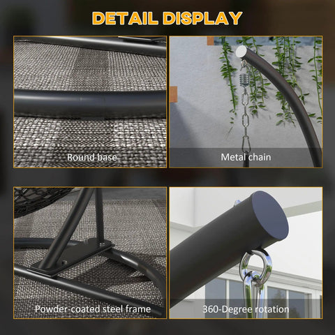 Detail display of Hanging Hammock Chair Stand With Round Base For Hammock Chair And Egg Chair Porch Swing Indoor Outdoor Use 360 Degree Rotation Sturdy Black C Frame For Patios Decks Balconies And Yards showing round base, metal chain, powder-coated steel frame, and 360-degree rotation