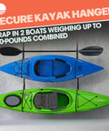 Double Kayak Rack for Wall or Ceiling Mounts with Adjustable Straps Hang Two Kayaks and Paddles Off the Floor Perfect for Surfboards Paddleboards SUPs and Canoes Easy Space Saving Storage Solution showing two kayaks mounted on a wall