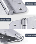 Front view of satin self-closing door hinge with spring-loaded action, 5/8-inch radius, premium steel