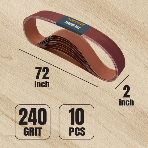 Heavy Duty Tough As Nails Sanding Belts For Belt Grinders 2x72 Inch 240 Grit Aluminum Oxide displayed in a stack.