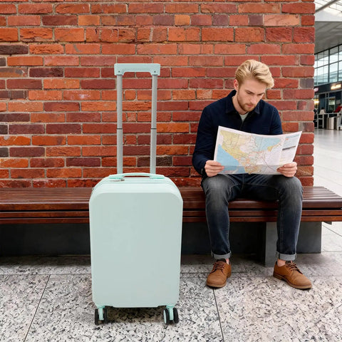 20 Inch Carry On Luggage With Usb Charging Port And Cup Holder Abs Hardshell Suitcase smooth rolling next to a man with a map.