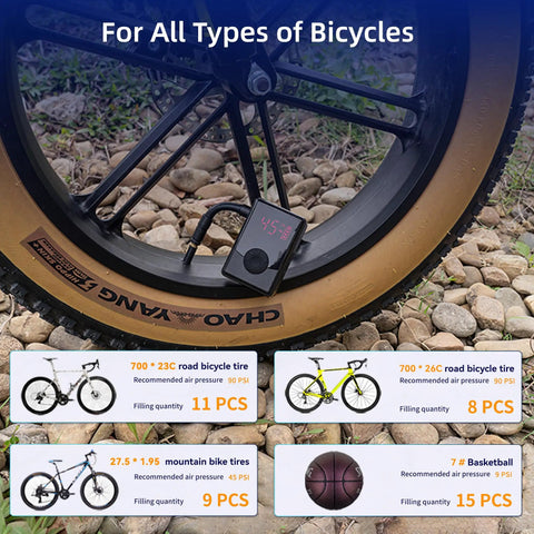 On The Go Portable Electric Mini Bike Pump inflating a mountain bike tire with 130 PSI gauge digital display on rocky ground
