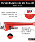 Heavy Duty 14 Inch Straight Pipe Wrench With Forged Alloy Jaws For Fast Gripping And Quick Ratcheting Action 2 Inch Pipe Capacity Red Plumbers Wrench Built For Pro And Home Use In Tight Spots shown with specifications and USA-made label.