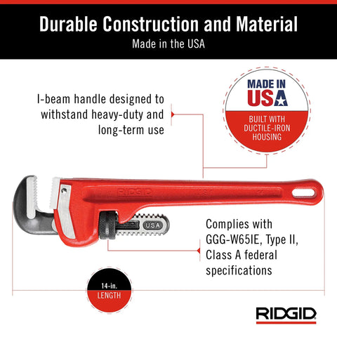 Heavy Duty 14 Inch Straight Pipe Wrench With Forged Alloy Jaws For Fast Gripping And Quick Ratcheting Action 2 Inch Pipe Capacity Red Plumbers Wrench Built For Pro And Home Use In Tight Spots shown with specifications and USA-made label.