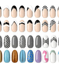 Premium Nail Stamping Plates Set Of Three Featuring Killer French Tip And Geometric Checkerboard Patterns in various designs on fake nails.