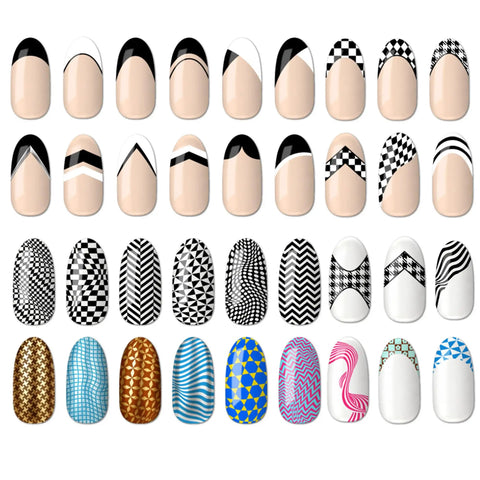 Premium Nail Stamping Plates Set Of Three Featuring Killer French Tip And Geometric Checkerboard Patterns in various designs on fake nails.