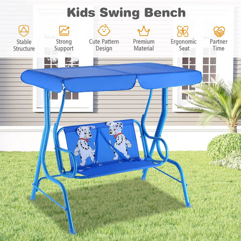 2 Seat Kids Patio Swing For Outdoor Fun And Chill With Adjustable Canopy And Safety Belt All Weather Waterproof Hanging Bench