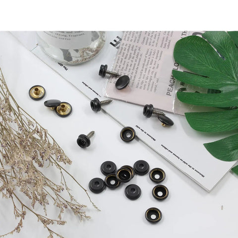 Stainless Steel Boat Snap Kit With 30 Sockets, 30 Covers And 30 Snap Buttons, Five Eighth Inch Screws And Three Eighth Inch Socket For Canvas Covers And Marine Furniture, Black Finish, Durable Marine Fastener Set.