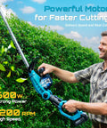 Man using Pole And Cordless Hedge Trimmer 2-In-1 Electric Bush Trimmer with dual-action blade for trimming bushes.