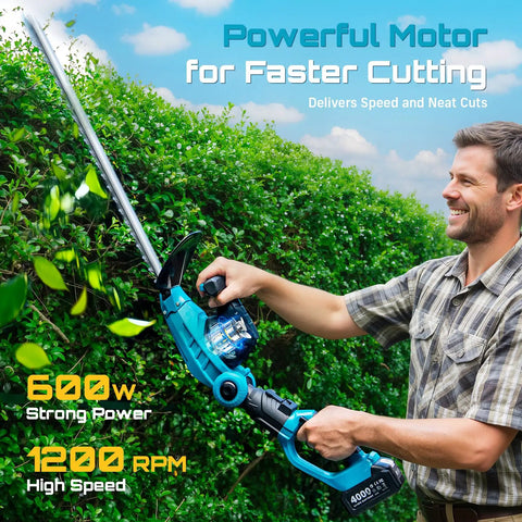 Man using Pole And Cordless Hedge Trimmer 2-In-1 Electric Bush Trimmer with dual-action blade for trimming bushes.