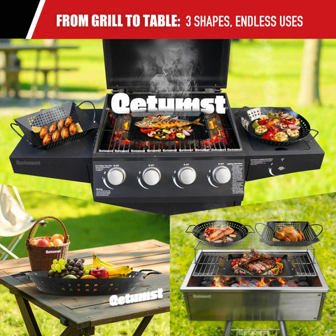 Massive Three Piece Grill Basket Set For Outdoor Grillin Heavy Duty Nonstick Veggie Pans With Riveted Handles Warp Resistant BBQ Accessories shown on a grill with food