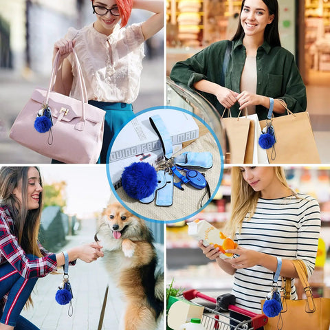 Everyday Safety Keychain Set For Women And Kids With No Touch Door Opener Personal Alarm Whistle Pom Pom And 10 Self Defense Accessories For Girls With Loud Safe Sound Alerts Up To 500 Feet shown in various usage scenarios with women.