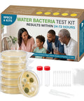 No Sweat Water Bacteria Test Kit Six Pack featuring agar plates, sterile swabs, and vials for home water testing.