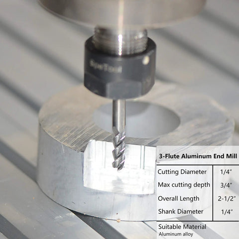 Aluminum CNC End Mill With One Quarter Inch Shank And One Quarter Inch Cutting Diameter, Three Flutes Upcut Router Bit in aluminum piece