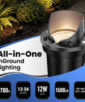 Close-up of 12W well light from Six Pack Low Voltage Landscape Lighting Kit illuminating garden pathway.