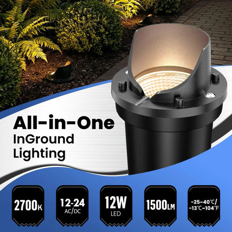 Close-up of 12W well light from Six Pack Low Voltage Landscape Lighting Kit illuminating garden pathway.