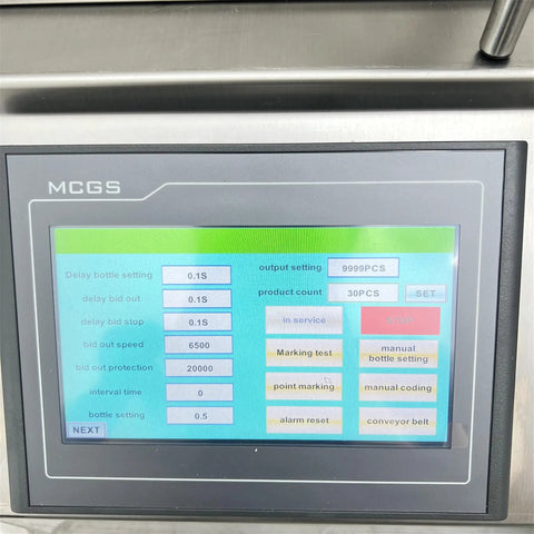 Touchscreen interface of Automatic Desktop Conveyor Labeler For Round Bottles High Speed 110 Volt showing setup options.