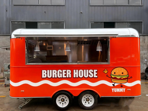 Commercial Mobile Food Cart And Towable Vending Trailer For Street Sales Features Ready To Roll Hot Dog And Ice Cream Stand Loaded With Barbecue Gear For A Solid Side Gig, vibrant orange burger trailer with front serving window.
