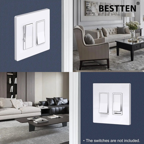 Screwless Decorator Wall Plate 2-Gang Cover in gloss Snow White in modern living room setting, 5 pack