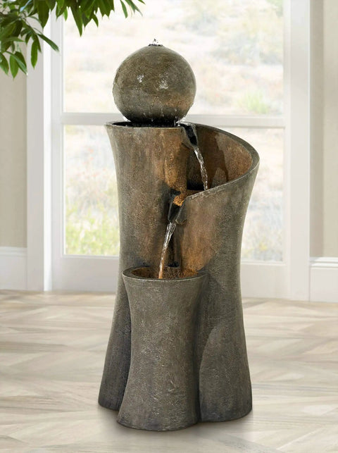 Sphere Curve 39 1/2 Inch High Modern Zen Faux Stone Floor Fountain With Built In LED Light For Indoor Outdoor Use Waterfall Cascade Feature For Garden Patio Yard Backyard Freestanding Dope Decor