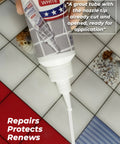 Grout Repair Kit White 8.8 Oz Quick Dry Tile Grout Filler Tube in use on bathroom floor tiles