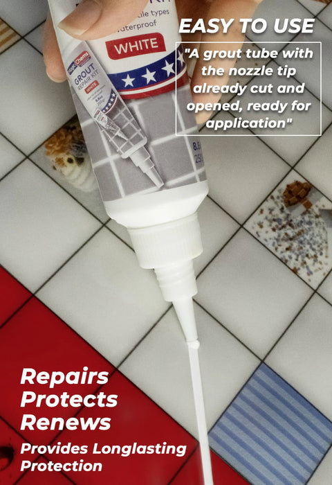 Grout Repair Kit White 8.8 Oz Quick Dry Tile Grout Filler Tube in use on bathroom floor tiles