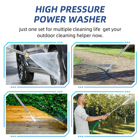 High Pressure Hose Nozzle Set With Hydro Jet Wand, Dual Nozzles, Quick Connectors, Wash Glove And PTFE Tape For Garden, Car, Patio And Window Cleaning, Beastly Powerful Water Jet For Tough Dirt, Blue used for washing car, patio, wood deck, and garden.