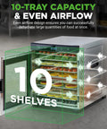 Electric Countertop Food Dehydrator With 900 Watt Motor And Ten Tier Stainless Steel Trays showing 10 stainless steel trays with even airflow design.