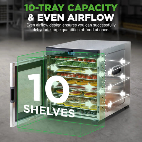 Electric Countertop Food Dehydrator With 900 Watt Motor And Ten Tier Stainless Steel Trays showing 10 stainless steel trays with even airflow design.