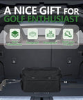 Three Layer Golf Trunk Organizer With Extra Large Storage For Shoes Up To Size 13 placed in car trunk, golf clubs beside.