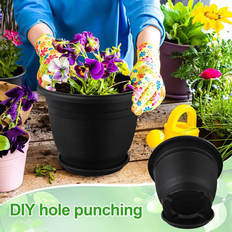 Gardener using 12 Pack 12 Inch Round Plastic Plant Pots With Saucers For Indoor Outdoor Use, Tough Black Seedling Starter Pots With Drainage Holes, Plant Nursery Containers For Seedlings, Cuttings, And Small Plants