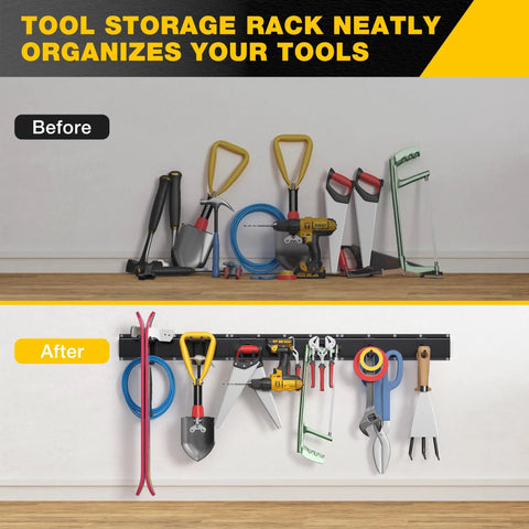 Before and after of Wall Mount Garage Tool Organizer with 48 Inch Rails and 7 Adjustable Beefy Heavy Duty Hooks, tools neatly stored