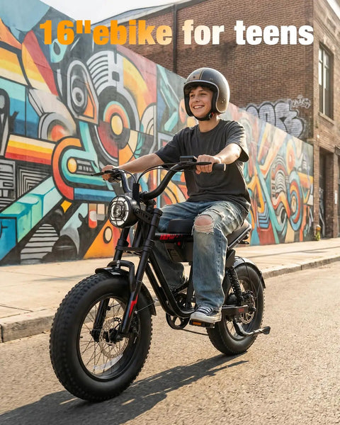 Teen riding Beast 1200W Fat Tire Electric Mountain Bike by colorful art wall, helmet worn, urban street setting.